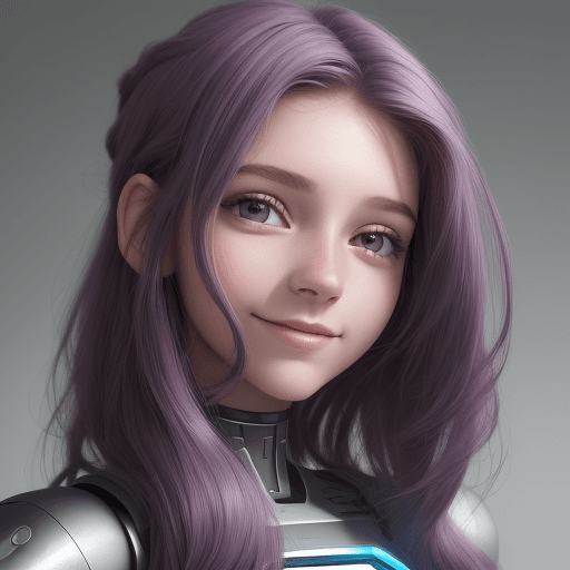 AI generated: un retrato detallado de frente y realista de una robot hermosa, cabello morado, pensativa, esbozando...