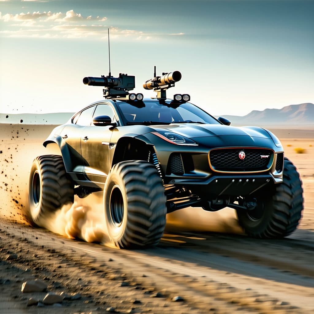 AI generated: photography, sports shooting, dynamic range, dynamic motion with jaguar ftype 4x4 Monster Truck driv...