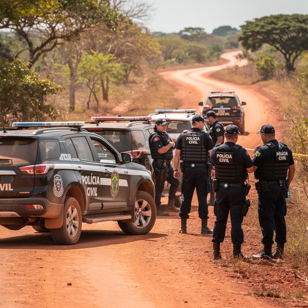 AI generated: Fotografia realista de viaturas da Polícia Civil do Brasil estacionadas em estrada de terra no inter...