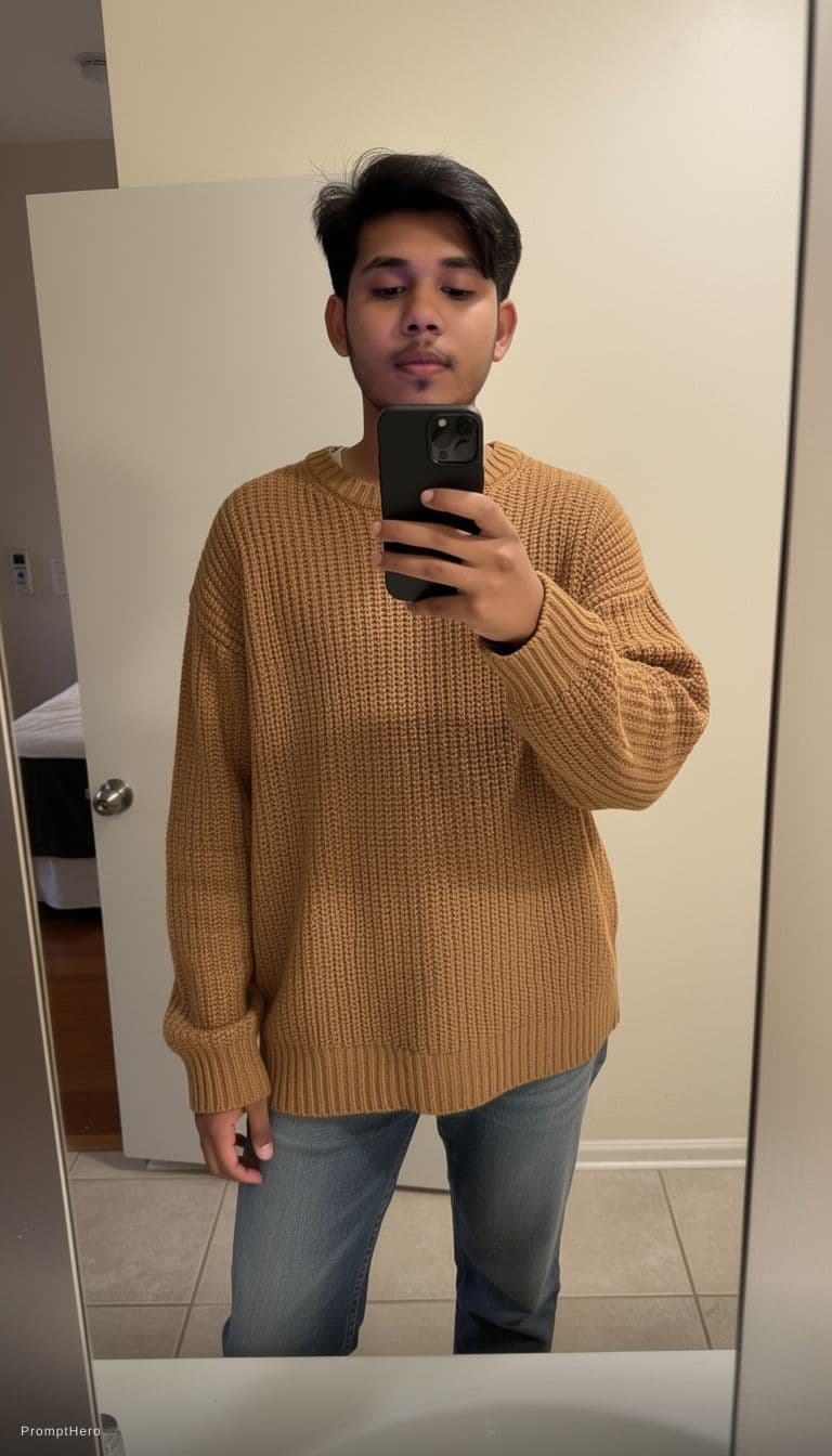 AI generated: The boy, 24 years old with short, dark hair, takes a mirror selfie with his phone. He is wearing a w...