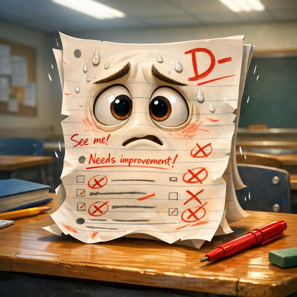 AI generated: Anthropomorphic exam paper with sweating forehead, worried wide eyes, trembling edges, red pen marks...
