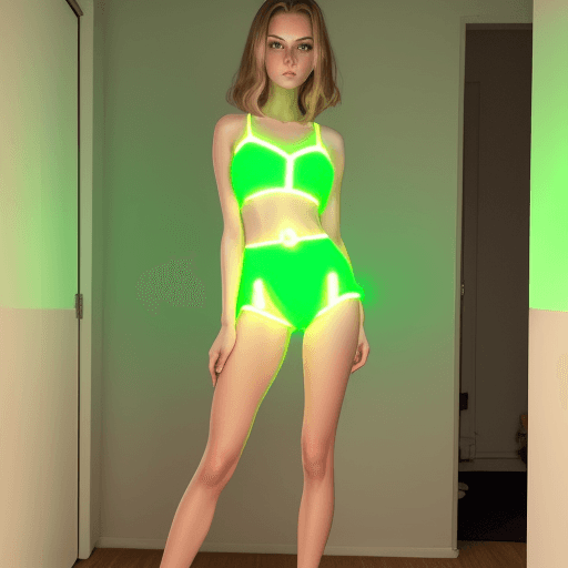 AI generated: Full body photo of a blushing Polish American female model with short shiny blonde brown hair in wor...