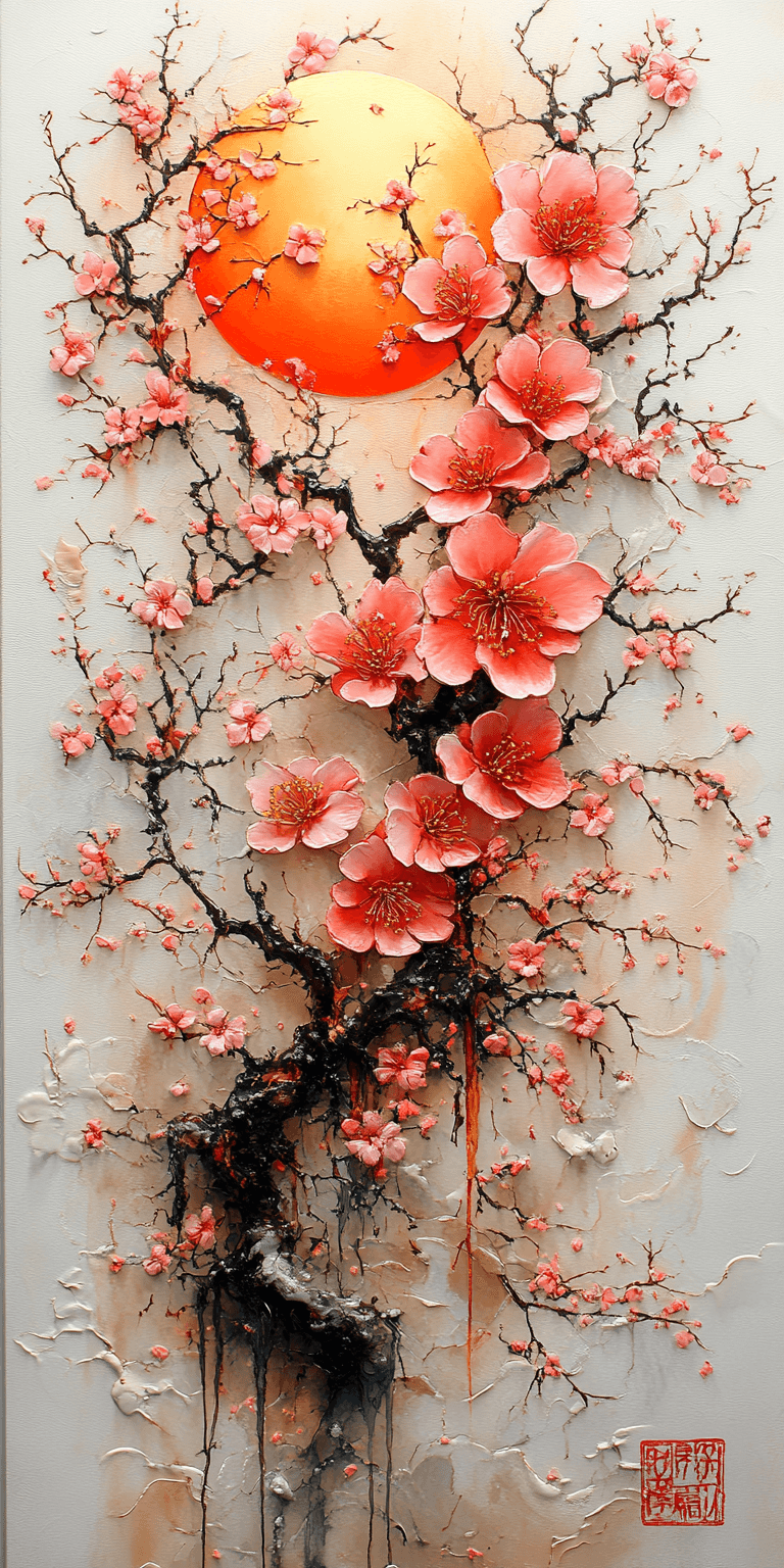 AI generated: Cherry blossoms and the moon in the style of Ukiyo-e, delicate brushwork, ink stamp at the bottom ri...