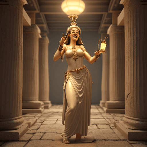 AI generated: A beautiful girl, dressed like a greek priestess, holding an online lamp in a very old temple, laugh...