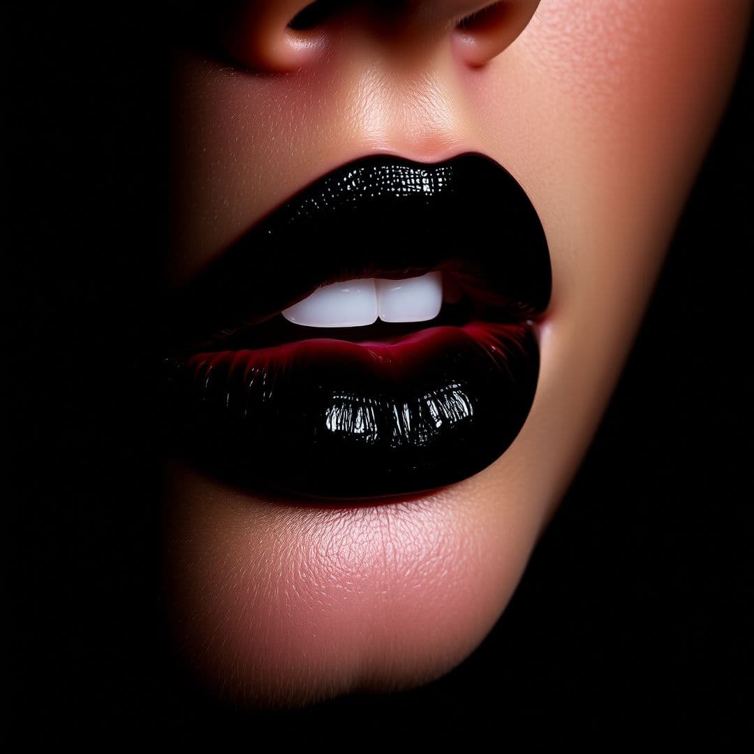 AI generated: Close-up vertical portrait of a human lips with bold, deep black lipstick accented by soft gradient ...