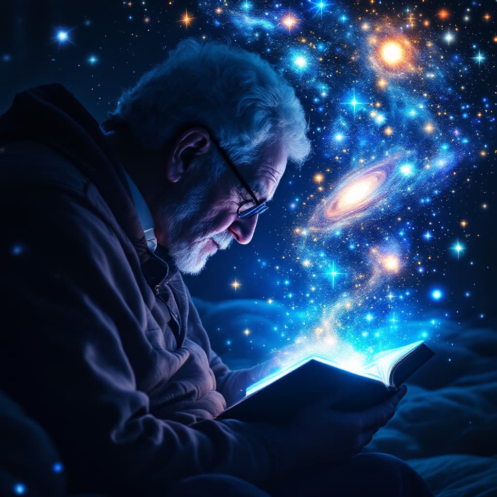 AI generated: Elderly person reading a glowing book as galaxies form above their head, 3D surreal cosmic visuals w...