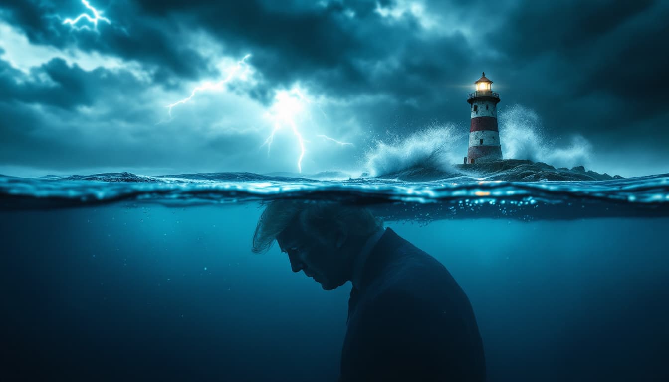 AI generated: A cinematic split-frame composition where the lens is half-submerged underwater. Below the surface, ...