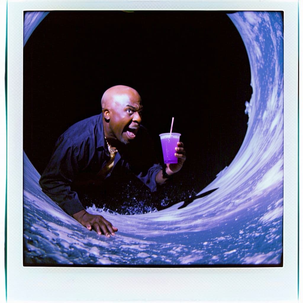 AI generated: grainy 80's photograph quality polaroid of big fat bald neurotic fearful black man floating into a b...