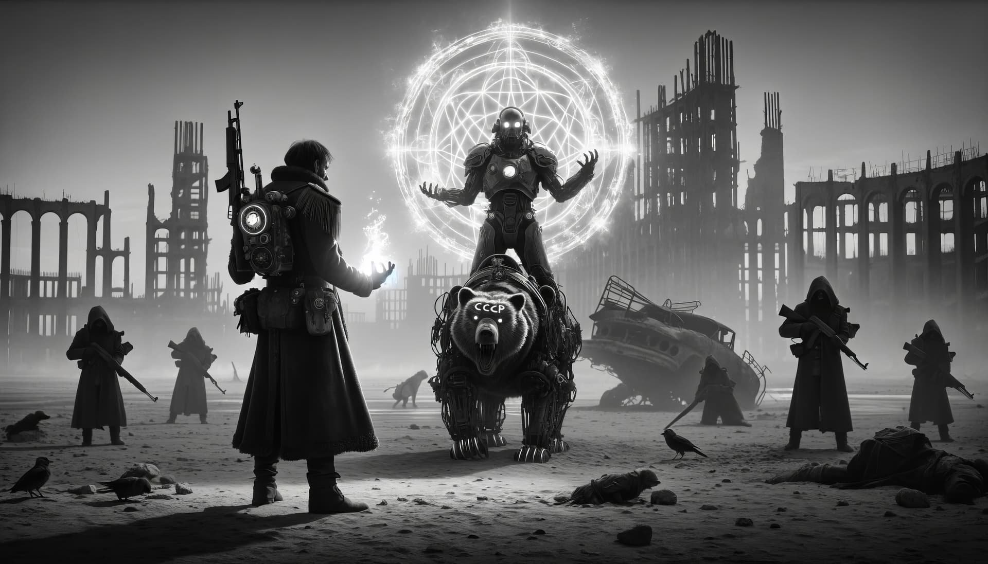 AI generated: A black and white photo in 16:9 aspect ratio, capturing a mystical and tense moment in a post-apocal...