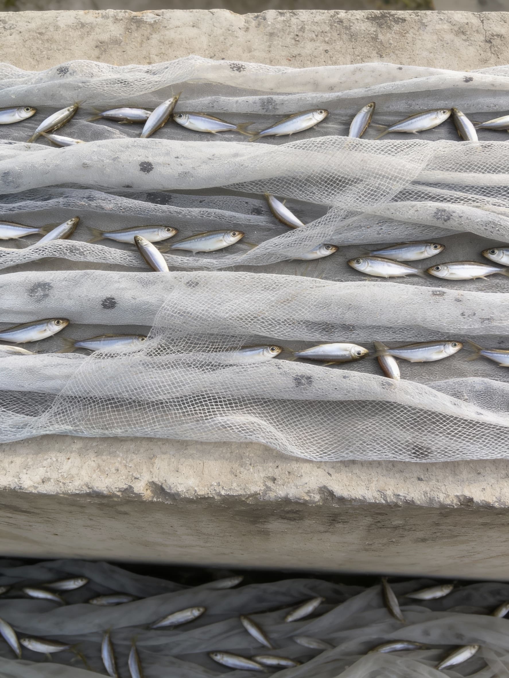 AI generated: close-up to the top of a concrete structure, showing various fishnets stretching horizontally, predo...