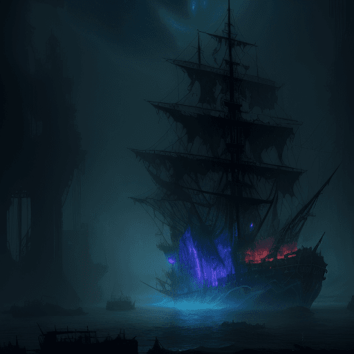 AI generated: Ultra resolution 8K Illustration of a ghost ship might night, phantoms flying surround, scared, nigh...