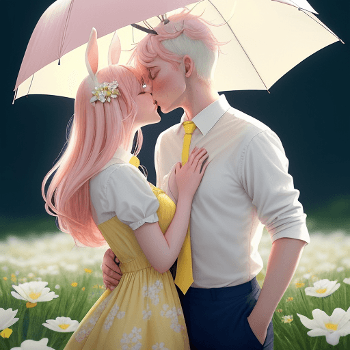AI generated: Romantic illustration, a passionate kiss of a couple, A girl in a summer dress in yellow and white f...