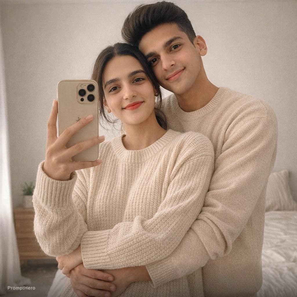 AI generated: Create a warm, affectionate mirror selfie of a couple. The woman holds the phone, wearing a cream kn...