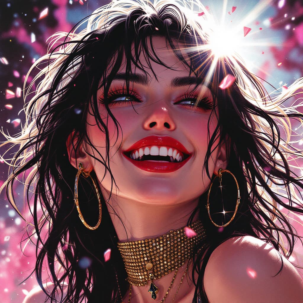 AI generated: early techno rave music inspired, 90s manga aesthetic, expressive face, sun flares on her happy part...