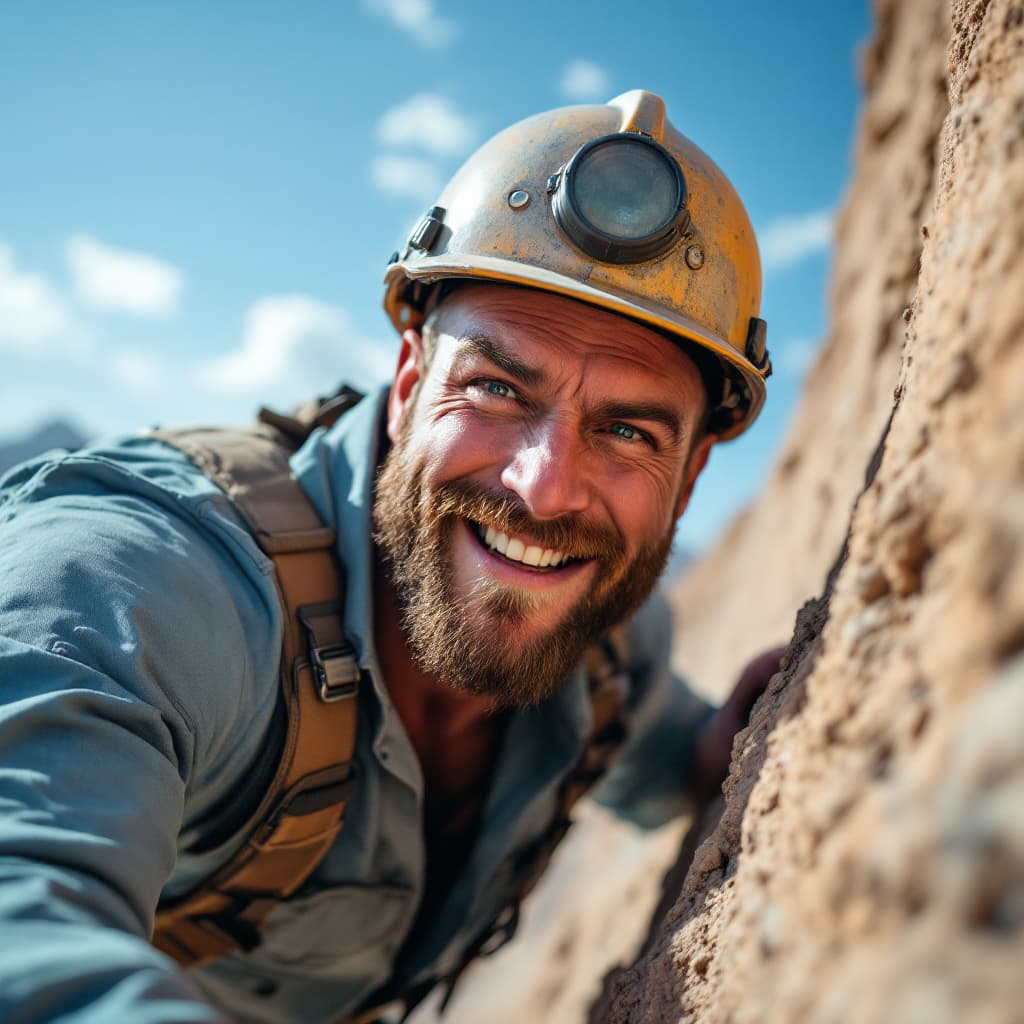 AI generated: A burly masculine man with sharp eyes full of enthusiasm climbing a steep cliff, wearing a light blu...