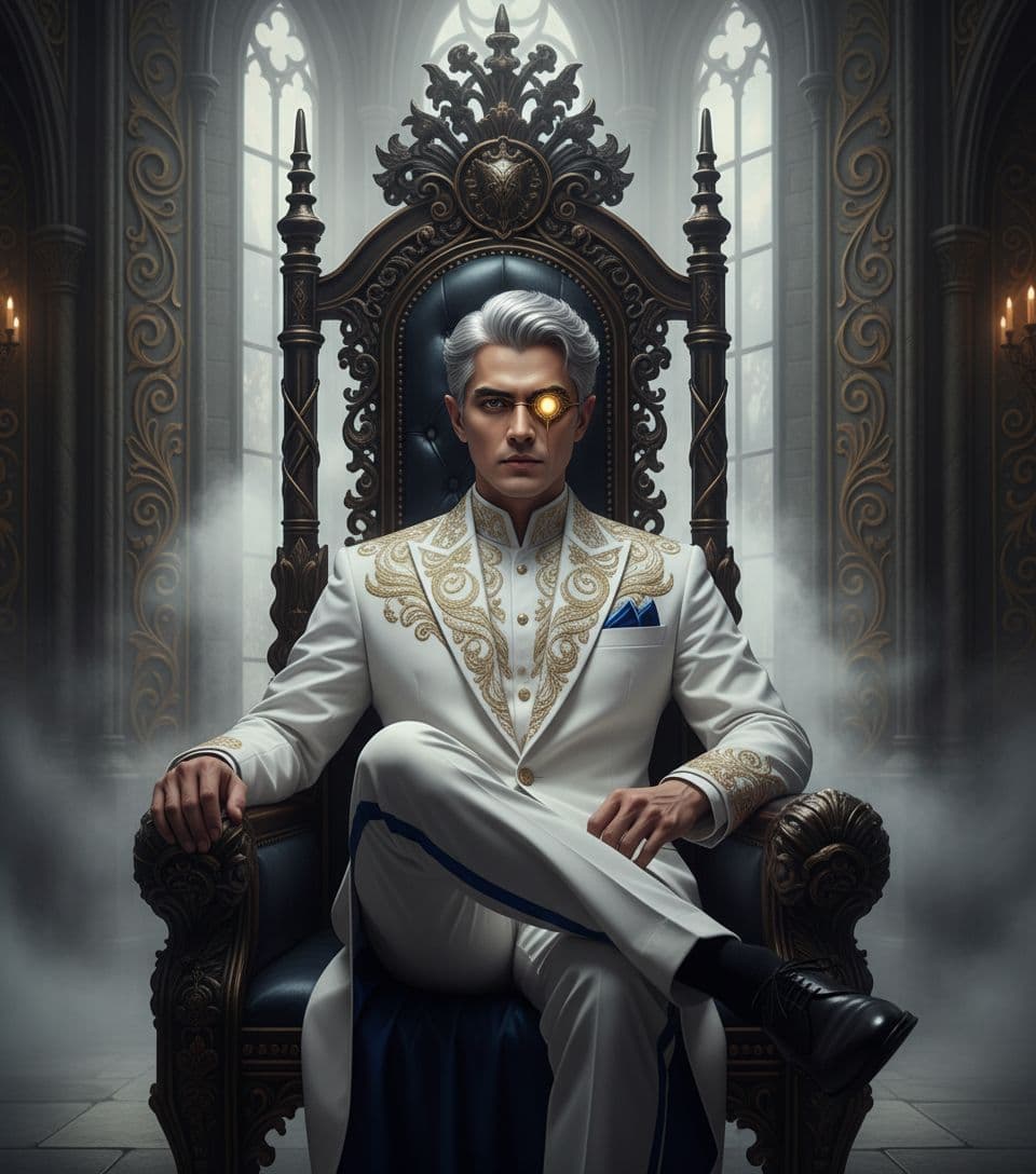 AI generated: a regal vampire lord sitting confidently on a dark gothic throne with gold details, wearing an elega...