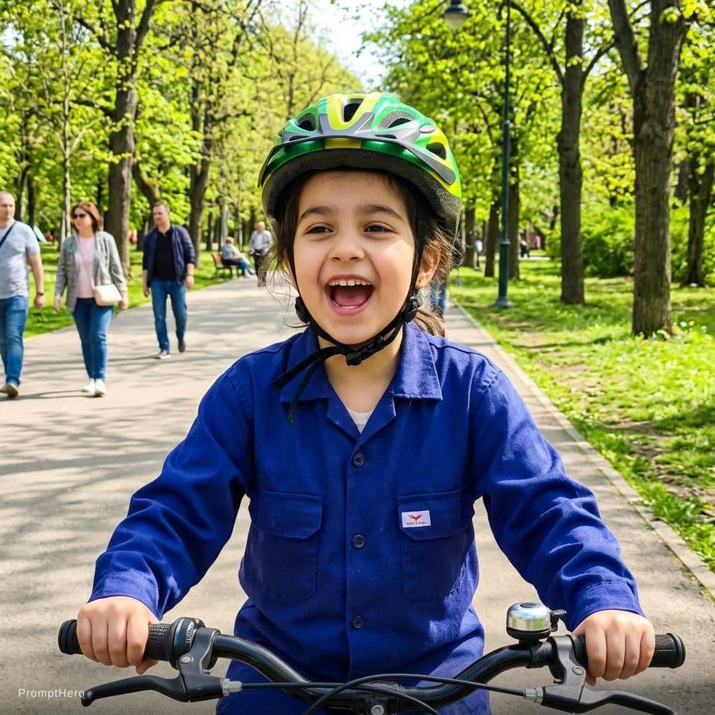 AI generated: girl wearing this helmet while riding a bike at the park while singing