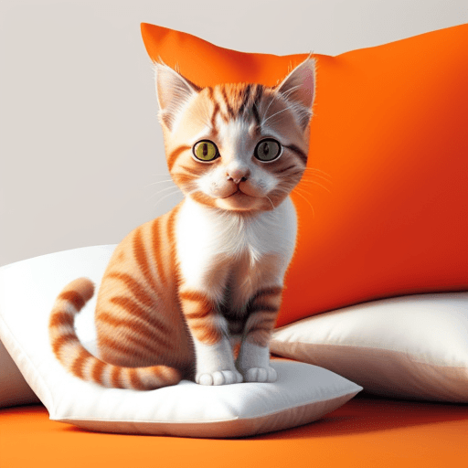 AI generated: Cat, kitten, on pillow, white background, red pillow, orange cat