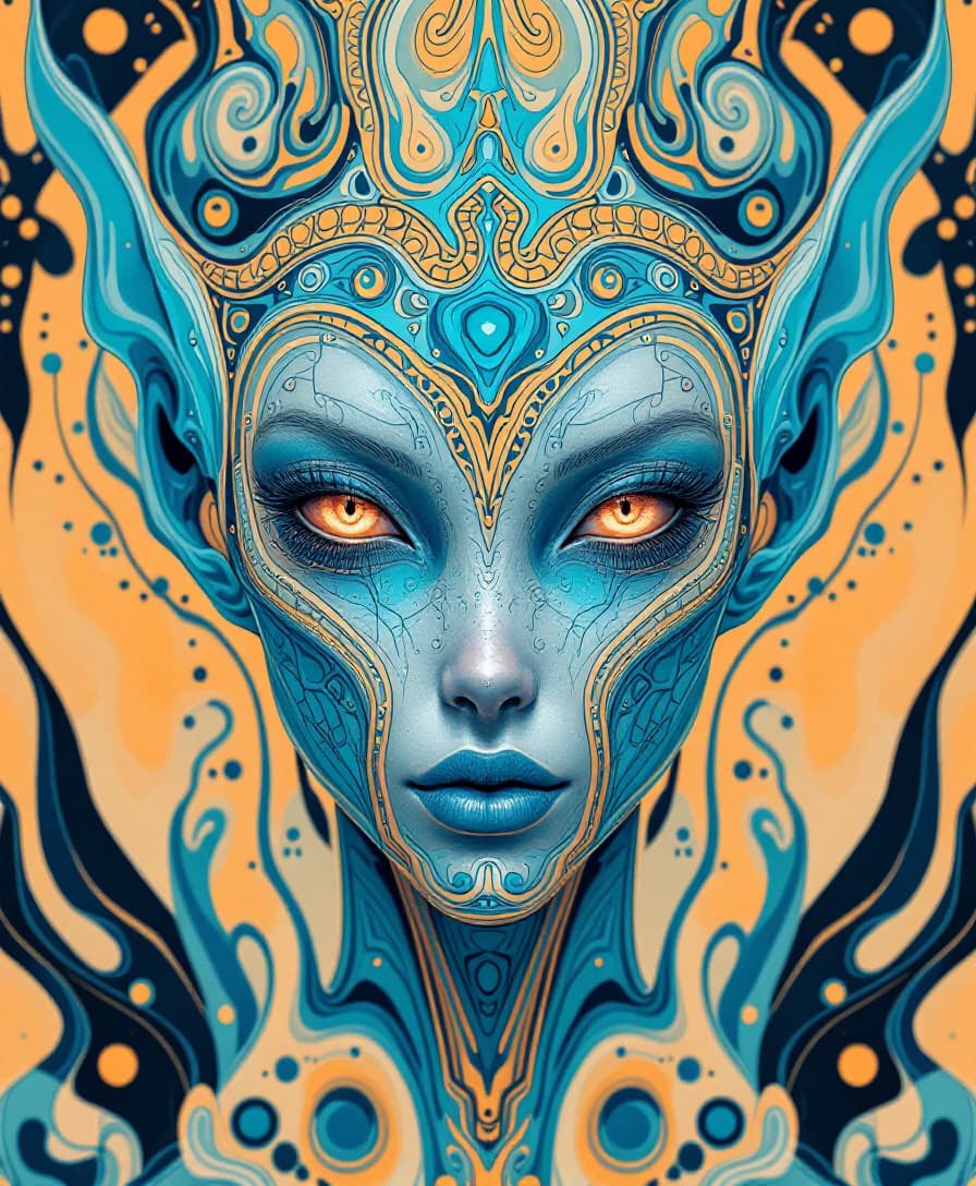 AI generated: alien art and illustration, in the style of balanced symmetry, light orange and cyan, detailed facia...