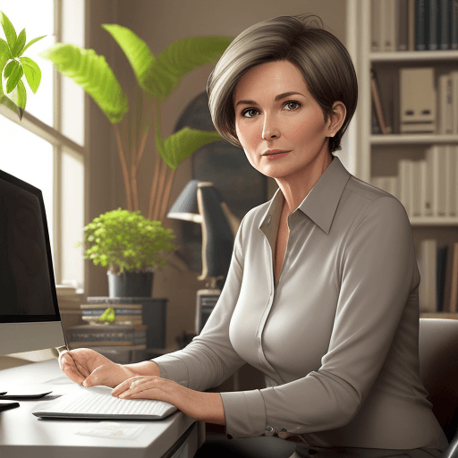 AI generated: hyper realistic photo, elegant 45-year-old woman sitting at her desk in personal office, round face,...