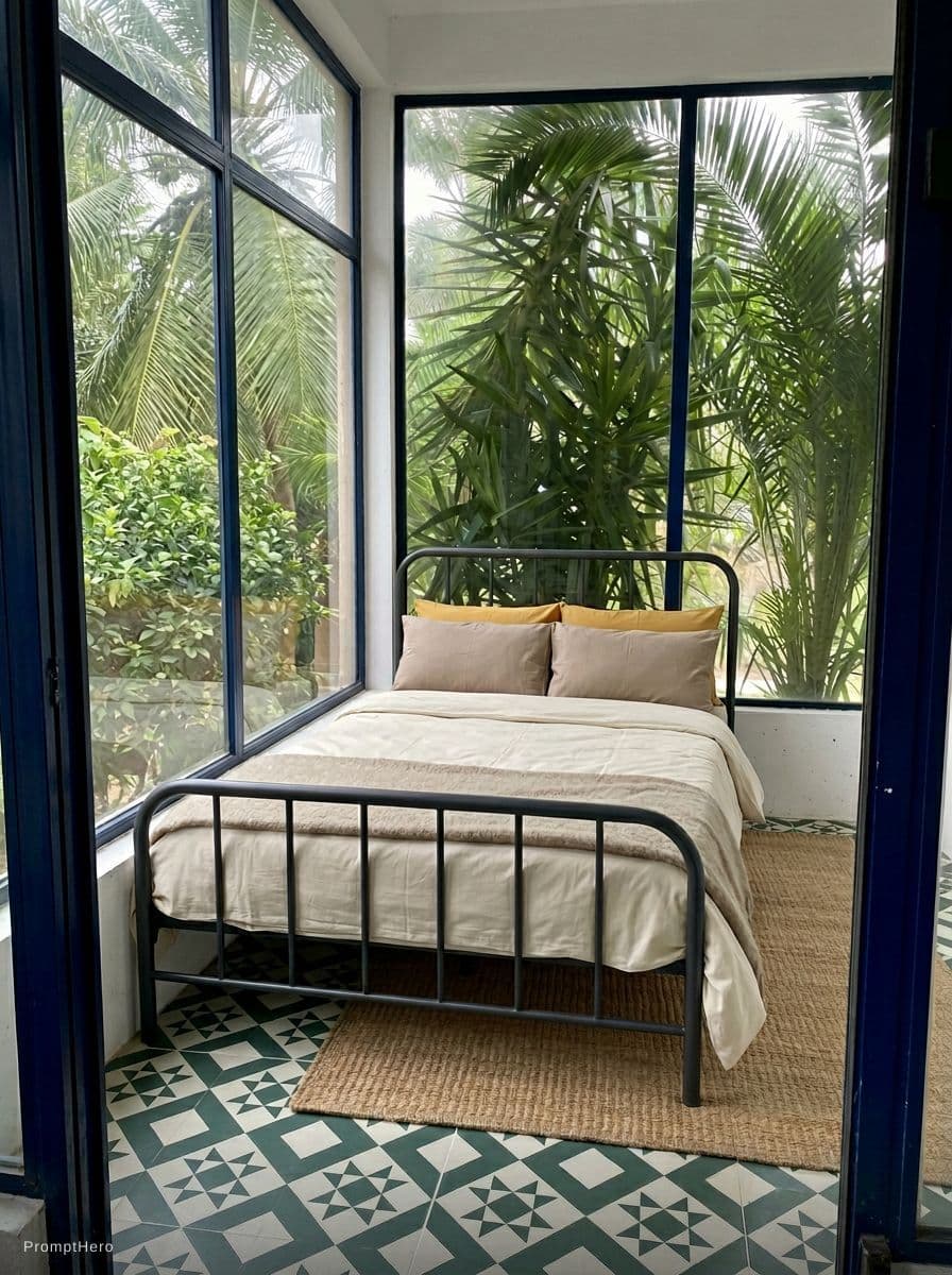 AI generated: "add this bed to the room with the headboard pushed against the large window wall, bed oriented hori...