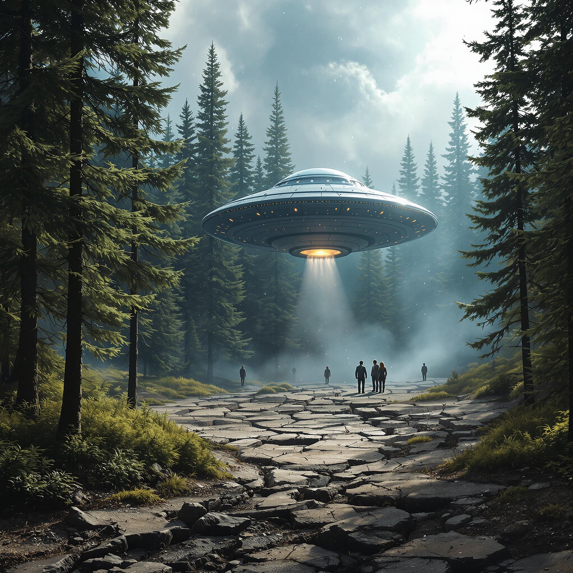 AI generated: a highly detailed UFO crashed in a realistic spruce forest, smoke coming from the UFO, Cracked groun...