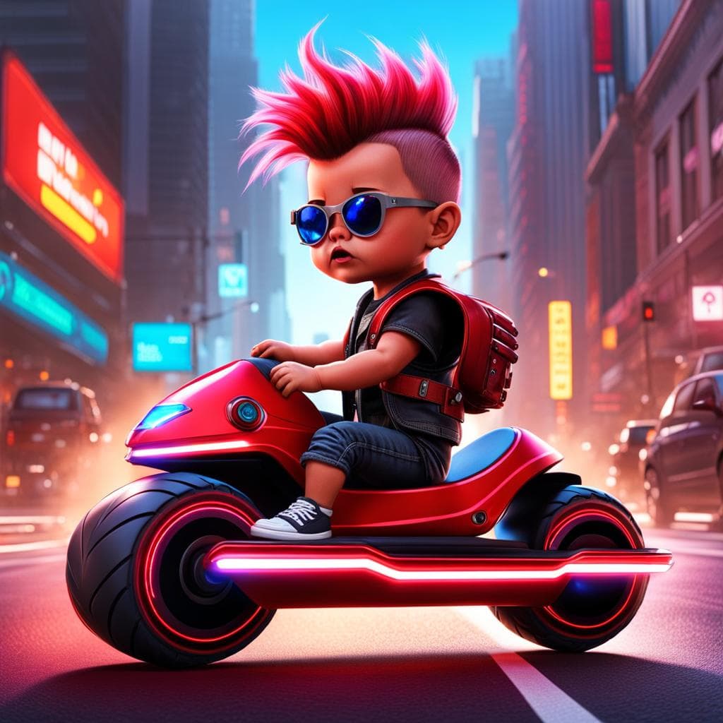 AI generated: a cute punkrock mohawk hairdo toddler riding a futuristic motorbike and wearing a leather vest, busy...