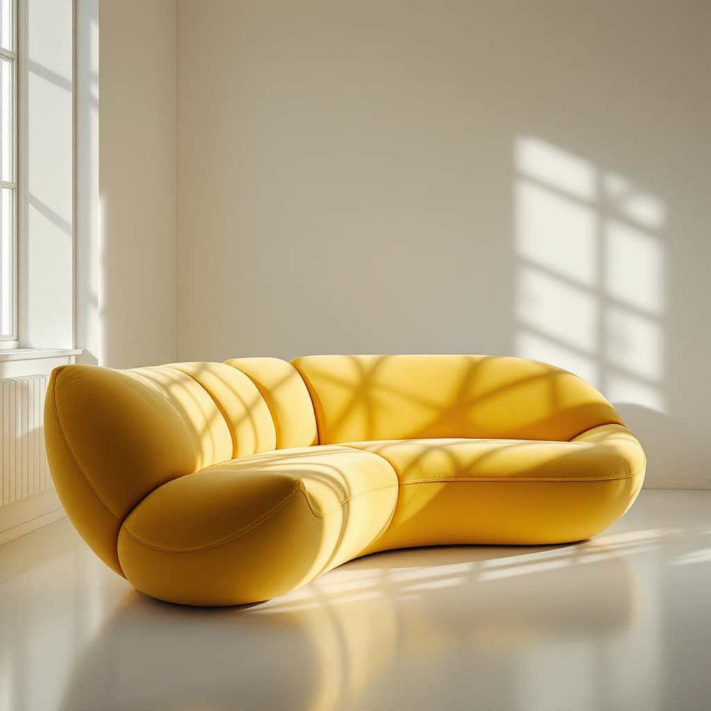 AI generated: pop art furniture design, curved banana cluster form, ergonomic seating, golden yellow velvet, premi...