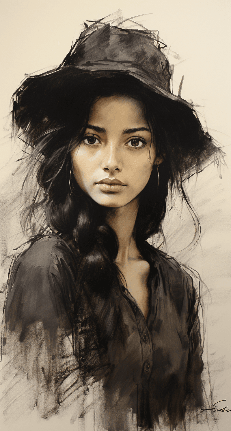 AI generated: an expressionist charcoal sketch by Odilon Redon, drawing, face only, a gorgeous Japanese woman, hin...