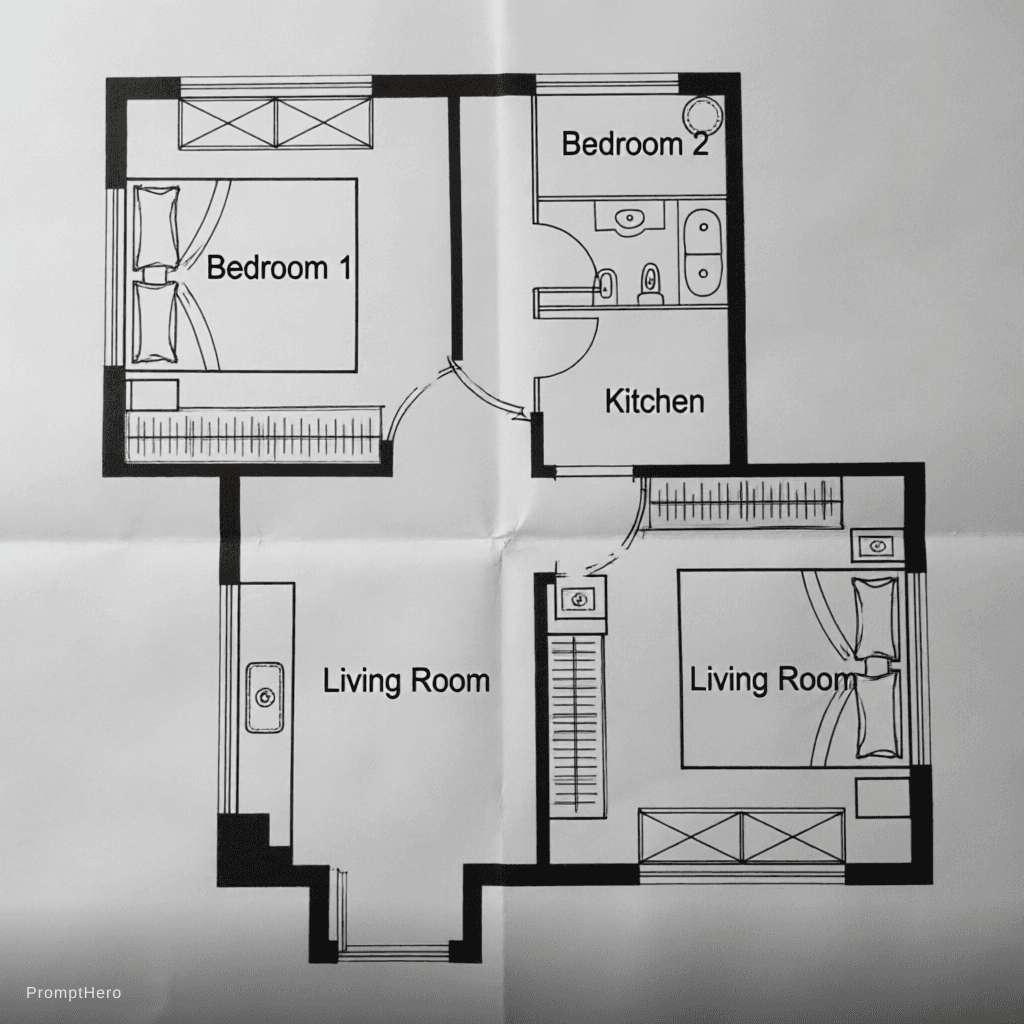 AI generated: diseña el plano de una casa con esta planta para dos habitaciones 