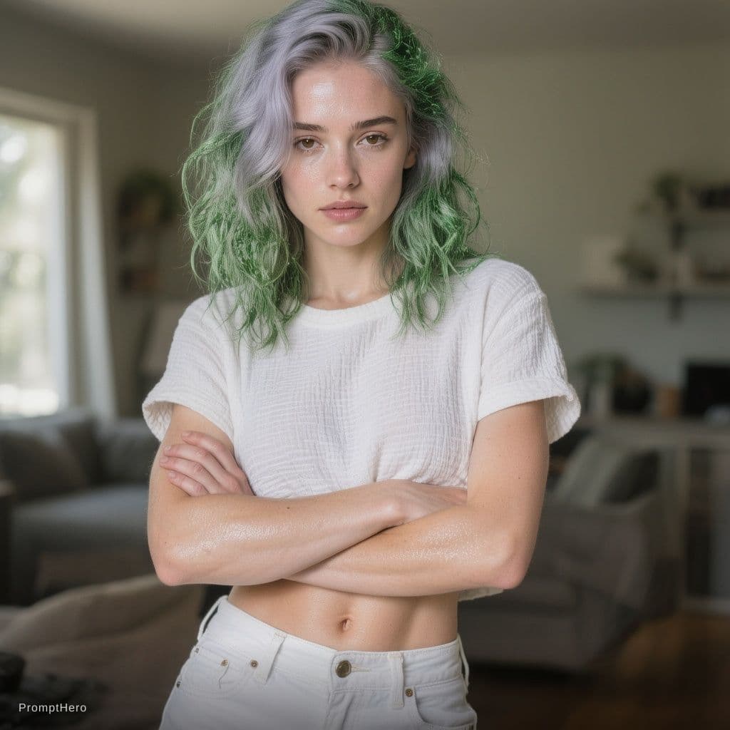 AI generated: half body fashion photography, of a 20 year old French female. Her body is Firm, tight triceps with ...
