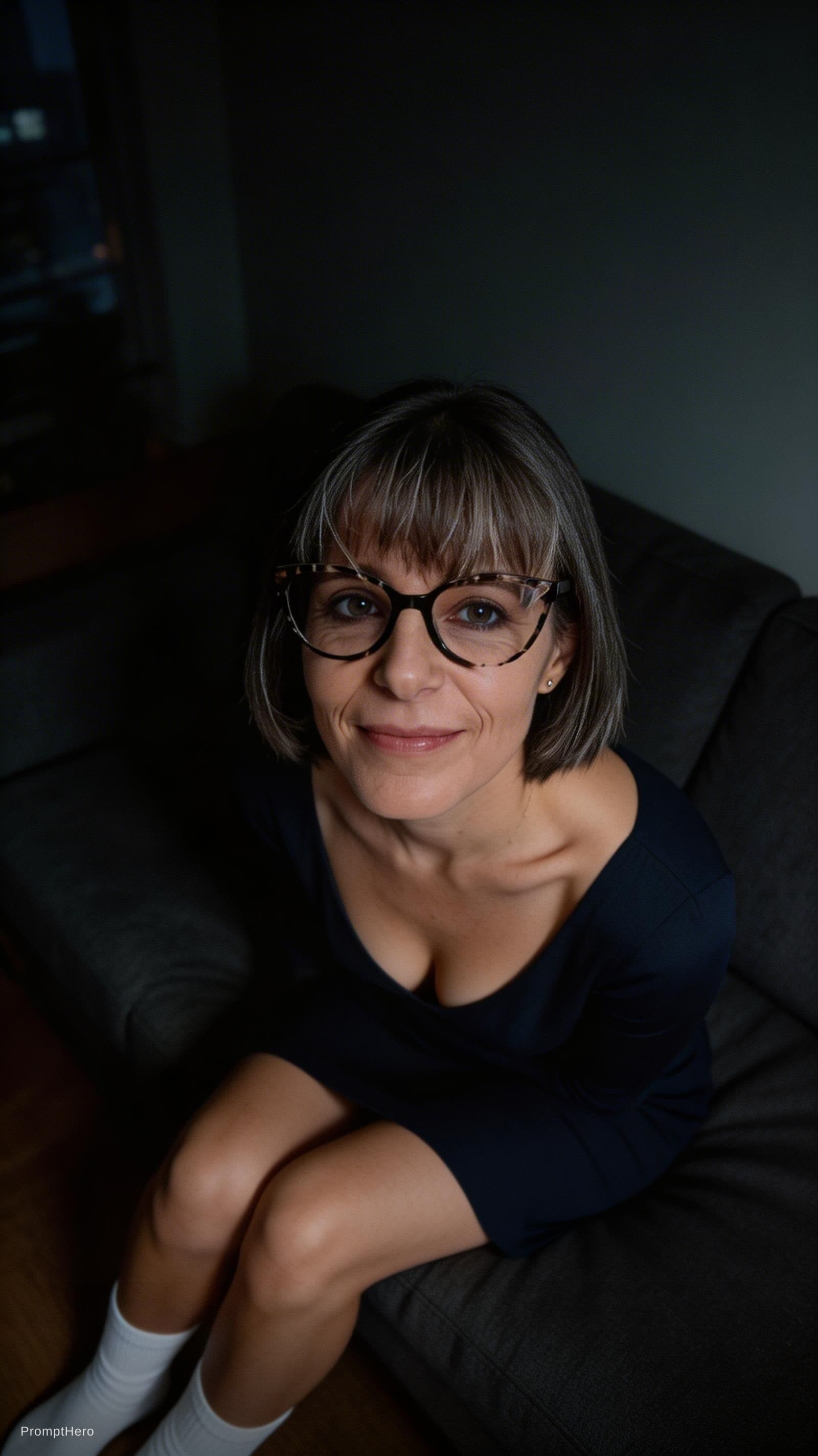 AI generated: looking at me. Sitting on a couch at night(no lights), wearing same (cleavage) dress and white socks...