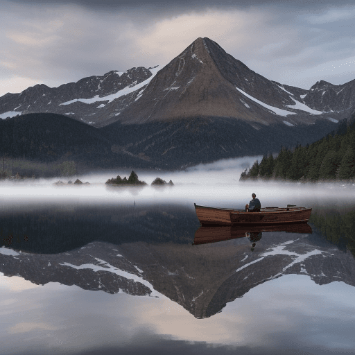 AI generated: “A tranquil mountain lake landscape with a floating wooden boat in the foreground perfectly reflecte...
