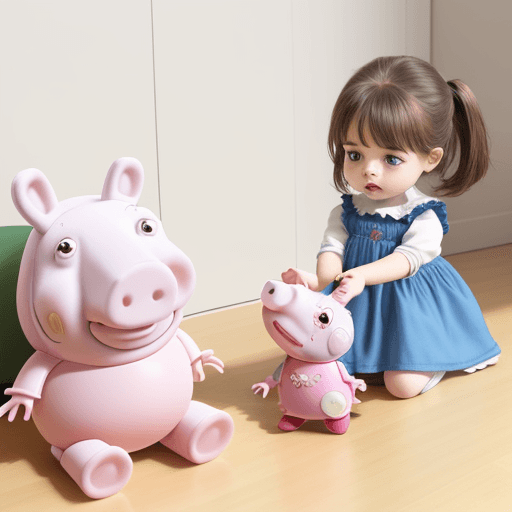 AI generated: little girl, style peppa pig, play with dolls
