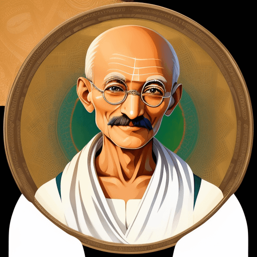 AI generated: Mahatma Gandhi ilustration with round glasses happy smiling eyes india folk crypto peacecoin backgro...