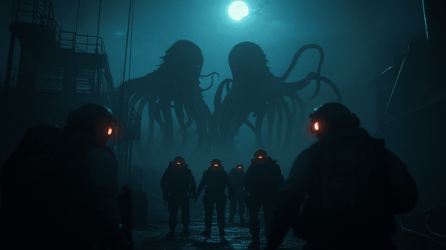 AI generated: 
In the style of video game concept art, a dark and gritty sci-fi setting. A small group of armed g...