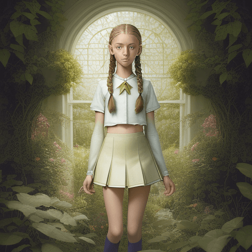 AI generated: Full body fashion photo of a 12 year old serene girl posing in a lofty fantasy garden, (golden ratio...