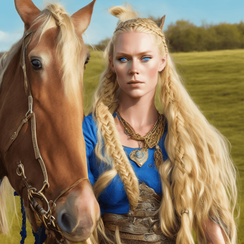 AI generated: Viking princess with her horse in open field, blond braided hair, blue eyes, gold accessories 