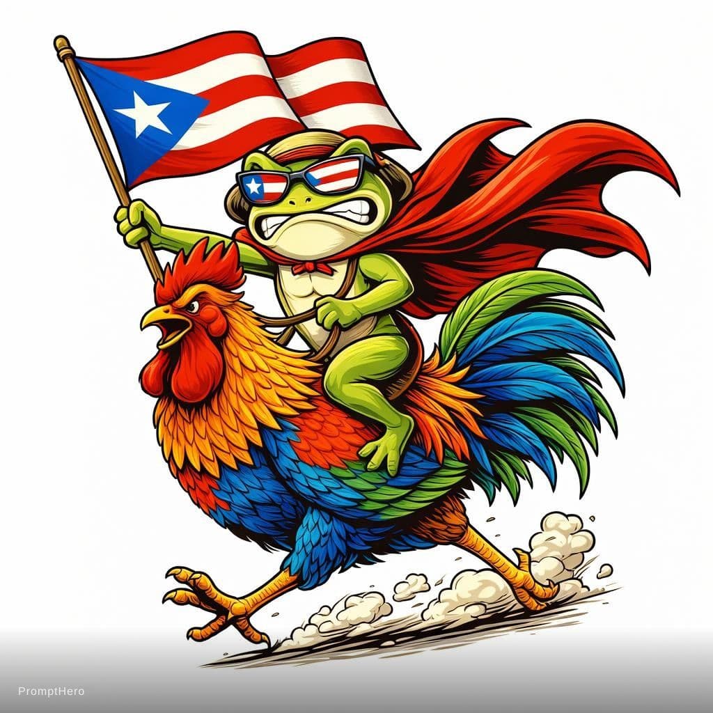AI generated: angry superhero frog riding a proud rooster like a heroic horse, the frog wearing a flowing superher...