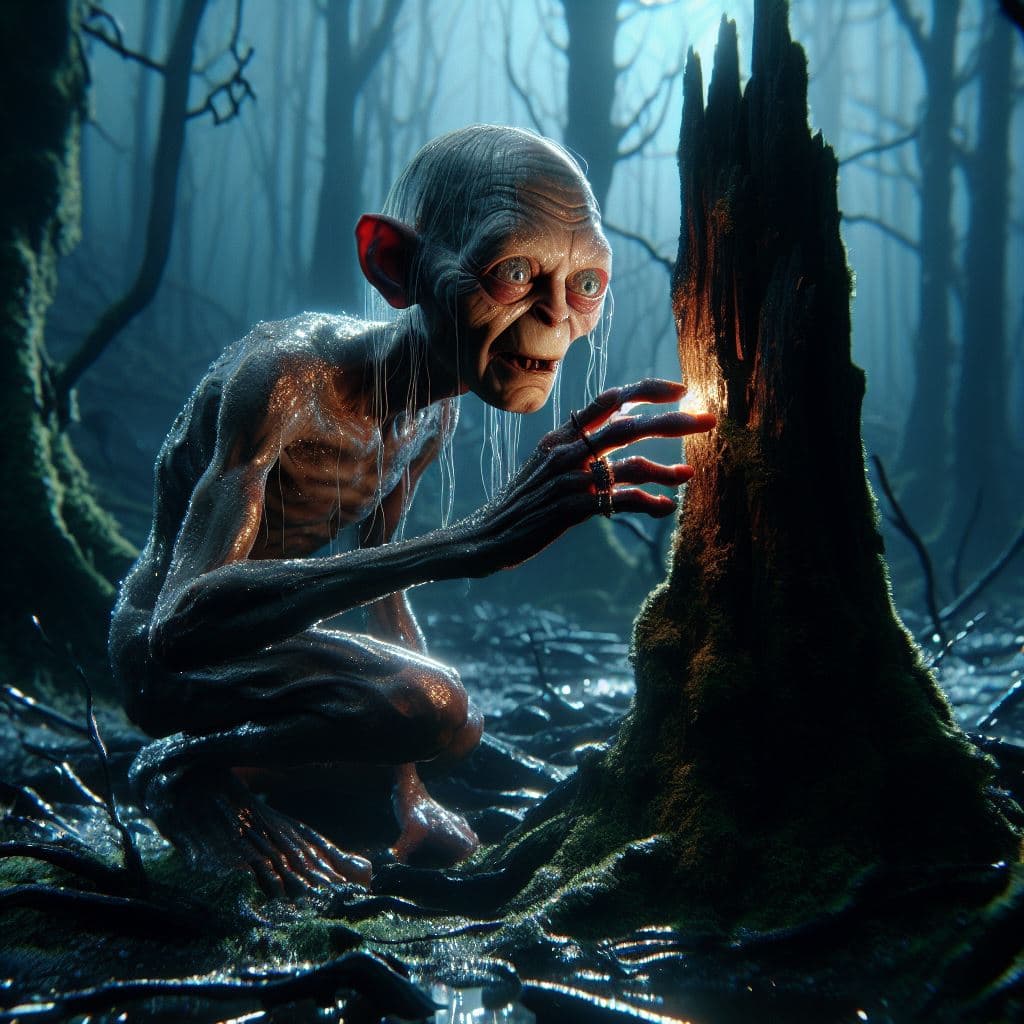 AI generated: Gollum in the forest, shiny, highly detailed, photorealistic, dynamic light,, extreme nightmare vers...
