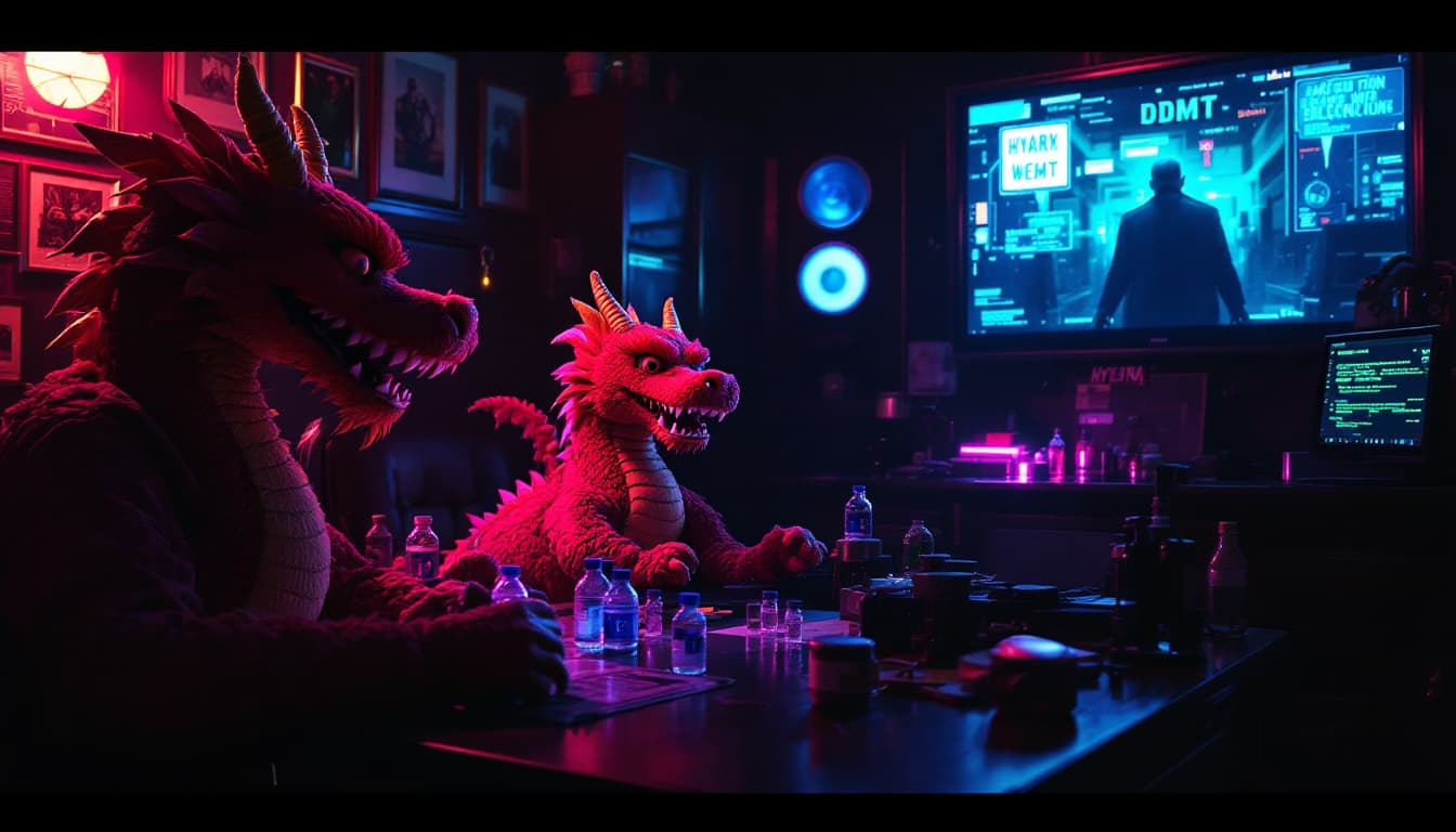AI generated: "Surreal scene: Politicians as IKEA dragon plushies in a dark government office, CIA agents selling ...