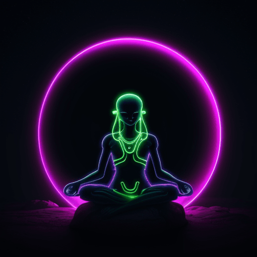 AI generated: neon lit alien planet --ar 16:9 me image of meditation and relaxation