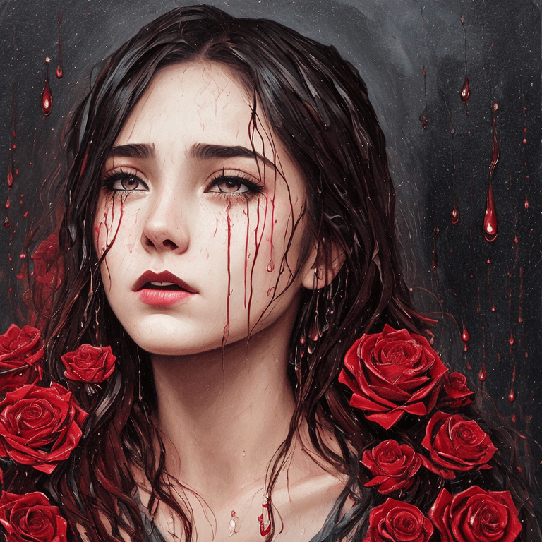 AI generated: a 17 yo girl's face, crying, black veins, dripping oil, predatory plants, (dead roses:1.1) around, v...