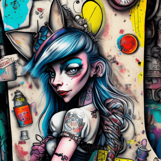 AI generated: Portrait of tatooed Alice in Wonderland Disney movie, character design, detailed hair, punk art, aci...