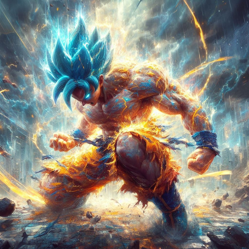 AI generated: "painterly style, Goku fighting at war, raging, blue hair, character design, body is adorned with gl...