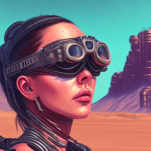 AI generated: female character wearing goggles while sitting in the desert, in the style of cyberpunk imagery, rea...