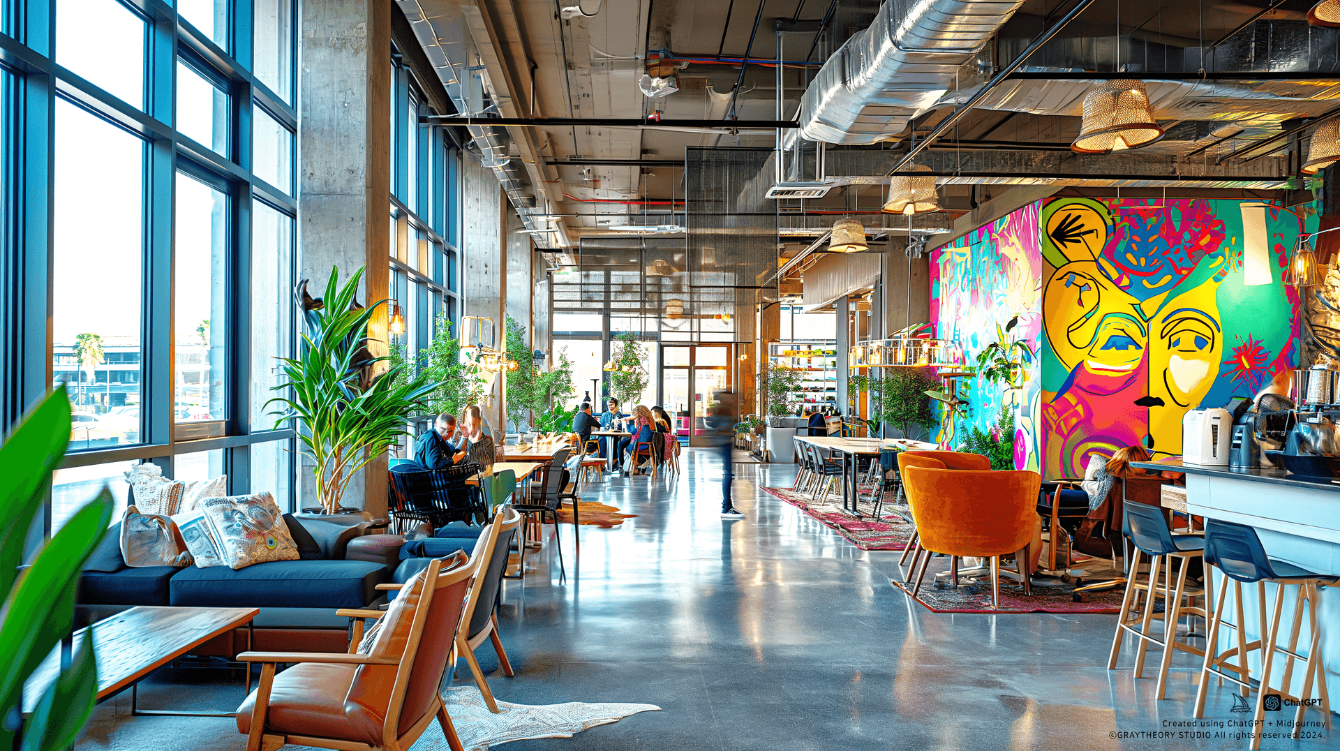 AI generated: Wide-angle shot, co-working space, industrial chic, Fujifilm GFX 100, 50mm lens, raw concrete with v...