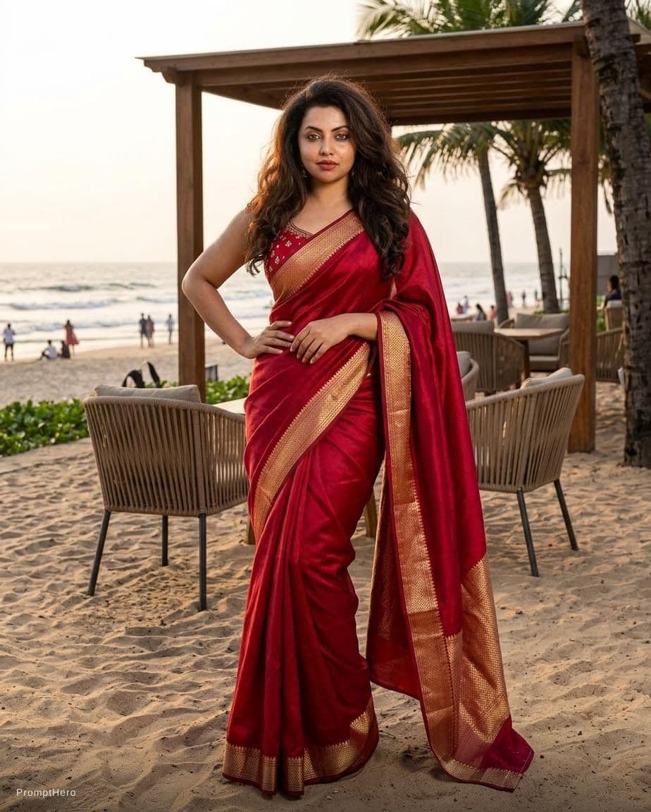 AI generated: Transparent Red wet saree Indian woman, without blouse.big thick thighs , big boobs ,  wearing bikin...