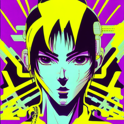 AI generated: early techno rave music inspired by ghost in the shell, 90s manga aesthetic, expressive face, yellow...