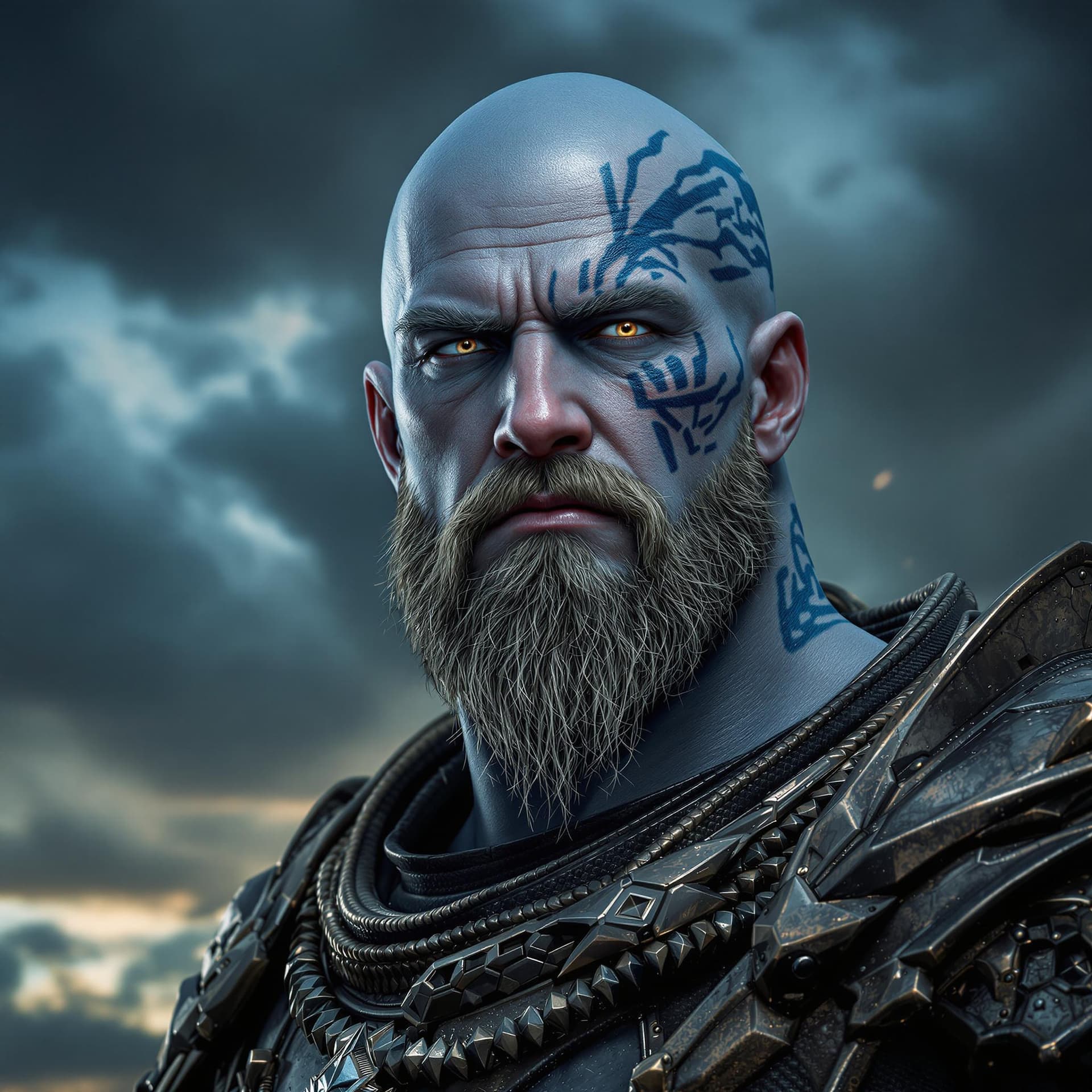 AI generated: Photo of a ultra realistic portrait, dramatic light, middle aged male humanoid, sky blue skin tone, ...